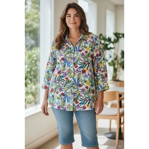 John Mark 3X Linen Capri Embroidered Floral Multicolored Blouse Plus Size NET